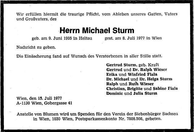 Sturm Michael 1905-1977 Todesanzeige